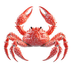 Close-up view of a vibrant red crab with extended claws, showcasing its detailed texture and features against a white background