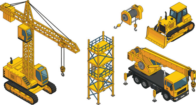 Heavy construction machinery vector illustration set, tower crane bulldozer winch truck, industrial equipment collection