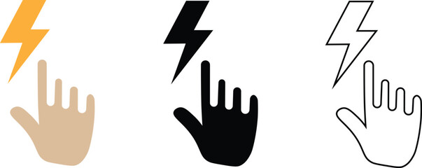 Fototapeta premium Electric Shock Touch Warning Hand Lightning Icon Set Flat Glyph Outline
