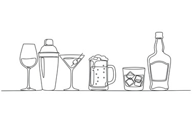 Continuous one line alcohol drinks. Alcoholic beverages glasses, from classic cocktails to craft beer