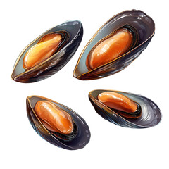 Fresh mussels in opened shells showcasing vibrant orange flesh, beautifully presented on a white background
