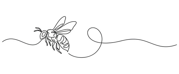 Continuous one line drawing of a flying bee insect in a minimalist art style, simple single stroke graphic design