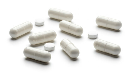 A variety of white capsules and tablets scattered on a white surface.