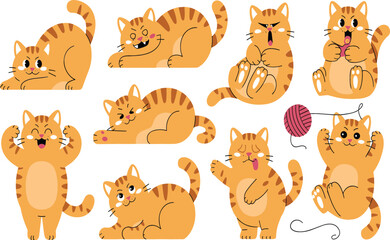 Obraz premium Cute cartoon ginger cat vector illustration set with playful kitten poses emotions and yarn for kids pet stickers branding and fun design projects