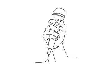 Continuous line drawing of hand holding microphone. Single line illustration of man with microphone