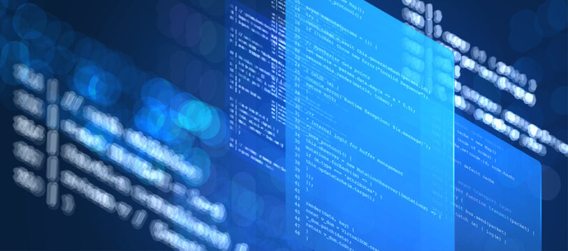 Abstract isometric 3D technology code background Floating digital screens, data flow and programming interface. Futuristic software development, AI, network, cybersecurity and web application concept.