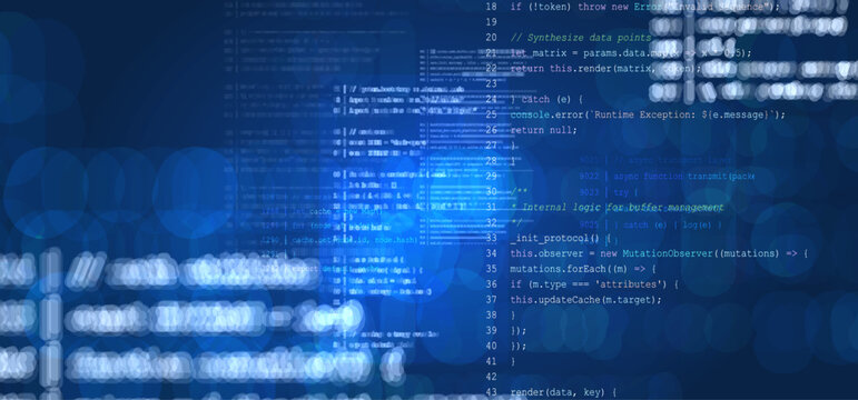 Abstract technology code background with digital screens, data flow and programming scripts. Futuristic software development, cybersecurity, AI, network and web interface concept in blue light.