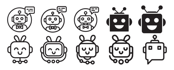 Chatbot head outline icon set with speech bubbles for AI support. vector illustration eps 10