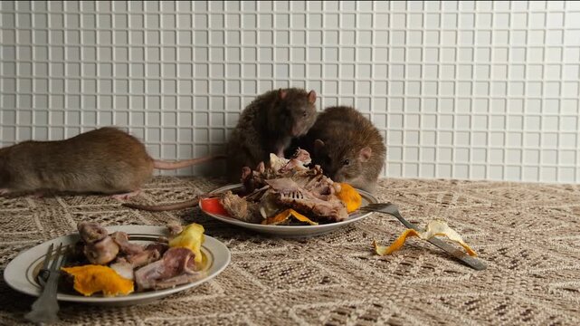 A gray brown rat sits near a pile of gnawed bones and food scraps.
