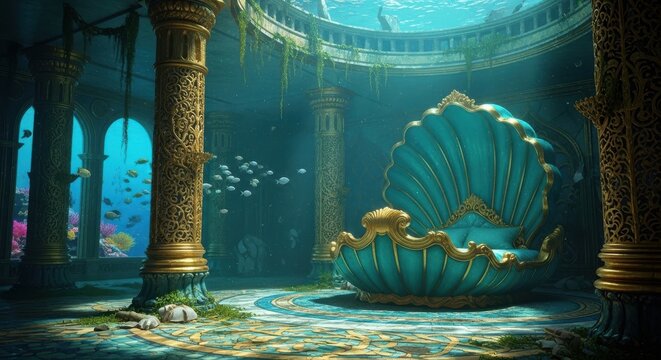 Underwater throne room with ornate shell chair and golden columns