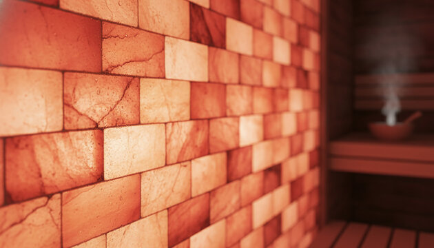 Glowing pink Himalayan salt brick wall texture with amber backlight