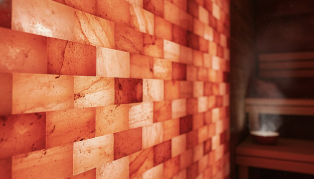 Glowing pink Himalayan salt brick wall texture with amber backlight