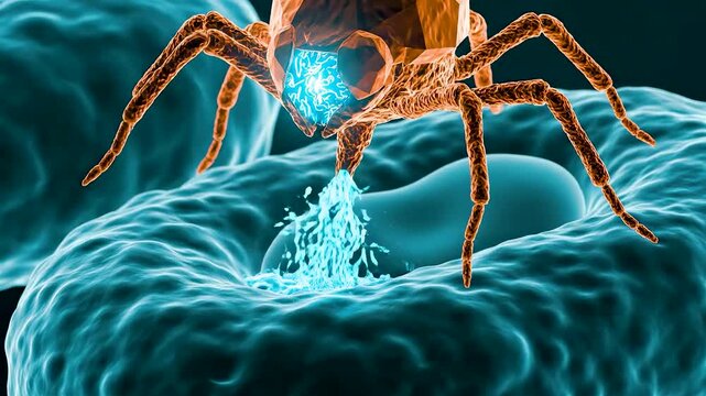 Bacteriophage Attacking Bacterial Cell by Injecting Genetic Material in Dramatic Microscopic View of Viral Infection