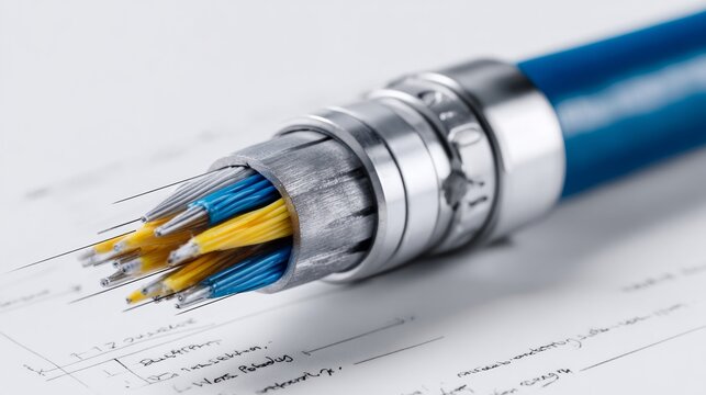 Design blueprint of optical fiber cable with detailed pencil and ink drawing techniques, showcasing multiple colored fibers and technical annotations on a white background