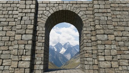 A stone archway frames a breathtaking mountain landscape with snow-capped peaks