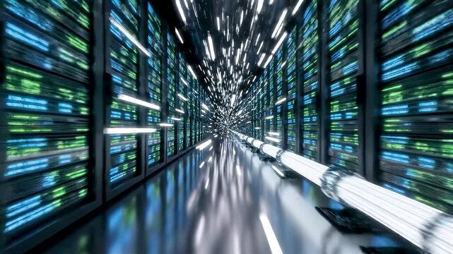 Hyperscale Cloud Data Center Corridor with Endless Server Racks and Flowing Data Streams Powering Global Internet Infrastructure
