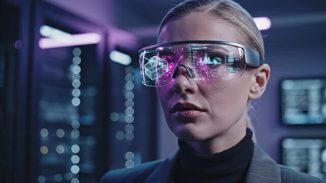 Professional woman using augmented reality glasses in modern office. She analyzes data while surrounded by high-tech screens. Future technology enhances productivity and decision-making.