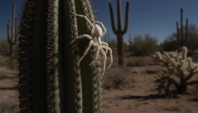 Closeup of a white lady huntsman spider at night scene in Sonoran Desert, Saguaro National Park, Arizona, USA.
