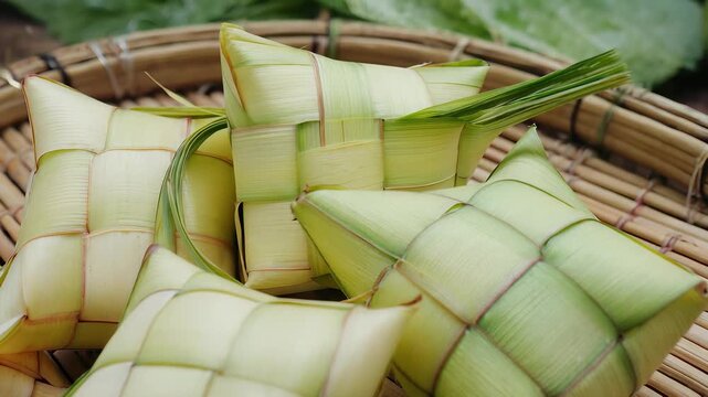 Traditional Filipino Puto Biko Rice Cakes Wrapped in Leaves on Woven Bamboo Tray, Authentic Southeast Asian Dessert.