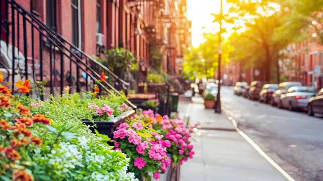 Soft atmospheric illumination illuminating charming urban neighborhood sidewalk framed by colorful summer blooming plants.