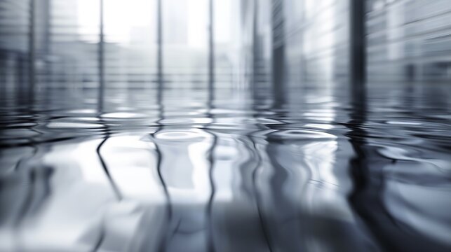 Reflection of modern buildings on wet pavement with raindrops creating ripples