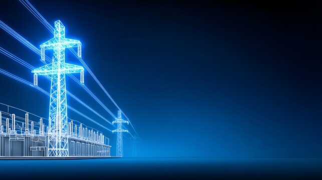 Glowing blue neon outline of an electrical substation featuring transformers, transmission towers, and power lines against a deep blue background with a gradual fade into darkness