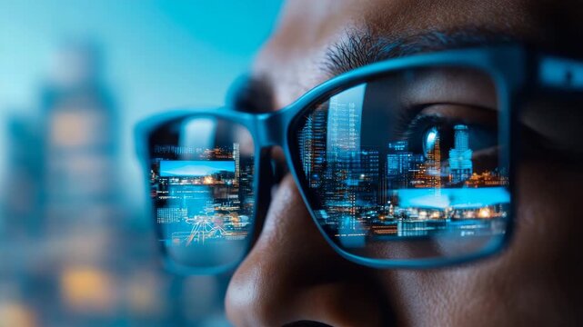 Intelligent person observing modern cityscape through glasses, contemplating future technology and urban development, concept of smart city.