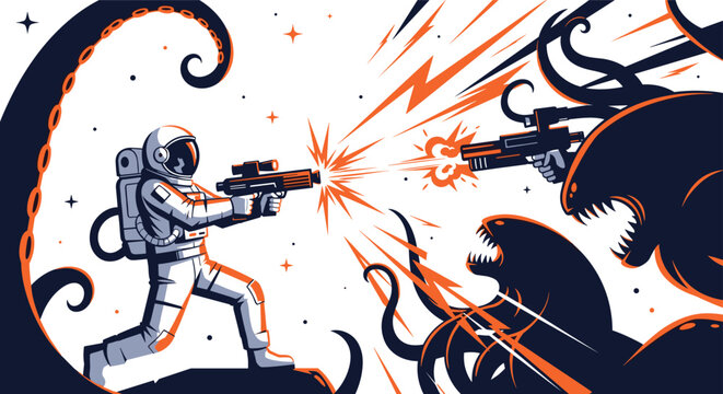 Brave astronaut in a white spacesuit battles aggressive alien monsters with laser blasters in a dramatic and dark science fiction scene.