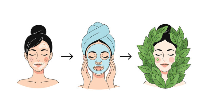 Infographic shows a three-step skincare routine from facial cleansing to applying a blue face mask and achieving healthy glowing skin.