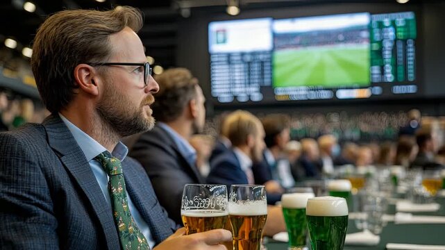 Well-dressed man enjoys refreshing beverage, immersed in thrilling sport event displayed on large screen within sophisticated viewing area