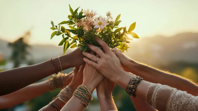 Diverse hands hold bouquet of wildflowers and greenery together during golden hour sunset celebration, symbolizing unity and shared joy.