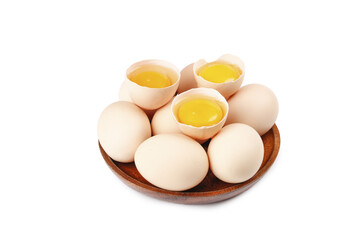 Fresh Raw Eggs with Golden Yolks in Wooden Bowl on White Background