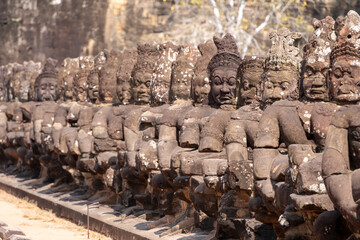 Angkor Thom, Siem Reap, Cambodia.  The bridge at the South gate with statues of the Asuras