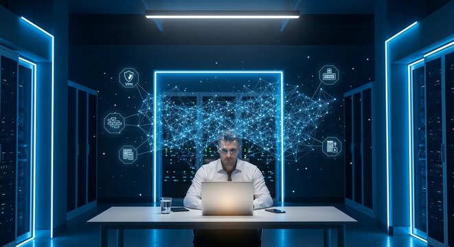 Rear view of IT specialist working in server room with glowing VPN hologram, cyber security and secure network data protection banner