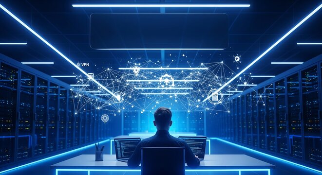 Rear view of IT specialist working in server room with glowing VPN hologram, cyber security and secure network data protection banner