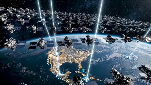 Low Earth Orbit Satellite Constellation Over Nighttime Earth with Laser Data Links Enabling Global Internet and Space Communications