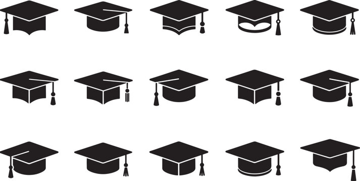 Graduation caps icons in various positions and styles