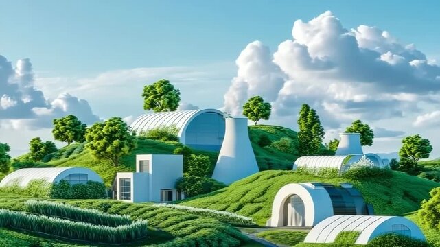 Futuristic underground dome settlement built into lush green rolling hill landscape under bright sunny sky with cumulus cloud formation