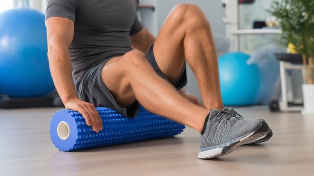 Marathon runner IT band syndrome foam rolling side thigh professional rehab room background realistic fitness care