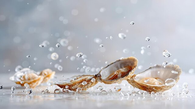 Fresh oysters splashing in mid-air with water droplets