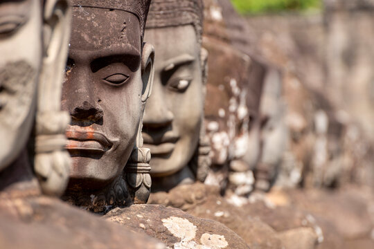 Angkor Thom, Siem Reap, Cambodia.  The bridge at the South gate with statues of the Devas