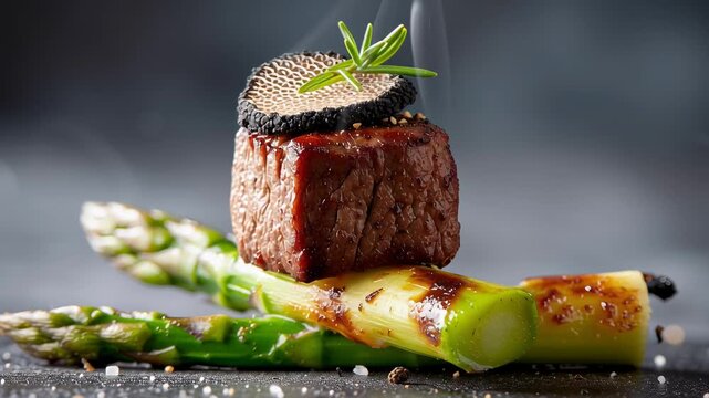 Gourmet filet mignon with asparagus and black truffle garnish on modern plate