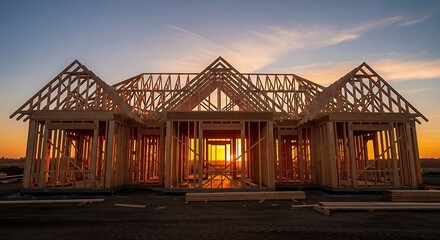 Obraz premium Wide shot of a residential roof under construction at sunset with wooden frame structure