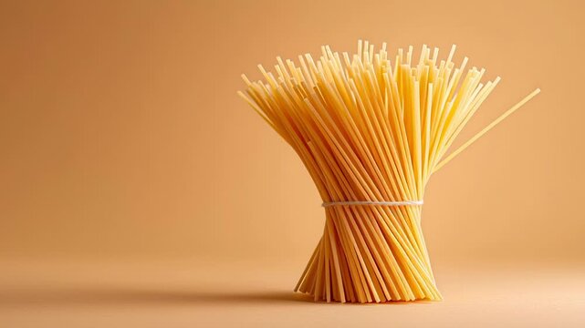 Neatly bound bunch of uncooked spaghetti stands upright on warm earthy background