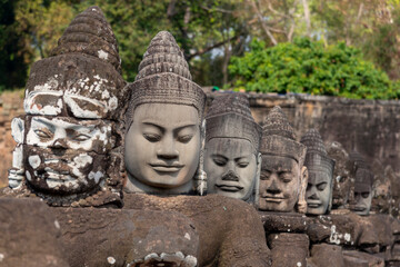Angkor Thom, Siem Reap, Cambodia.  The bridge at the South gate with statues of the Devas