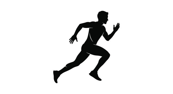 A stark silhouette of a man is captured mid stride powerfully running forward against a plain white background