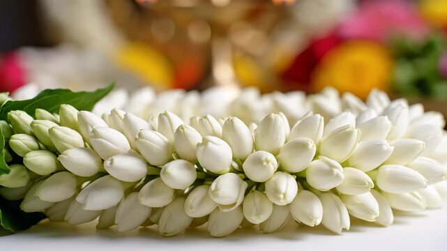 Close Up Of A White Jasmine Garland With Green Leaves And Soft Bokeh Background With Yellow And Pink Flowers