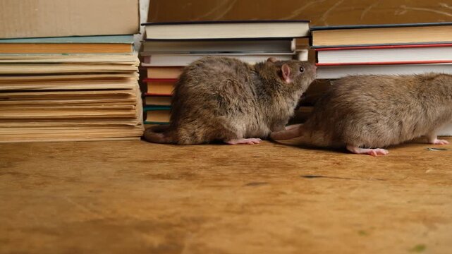 Brown, gray rat and books.