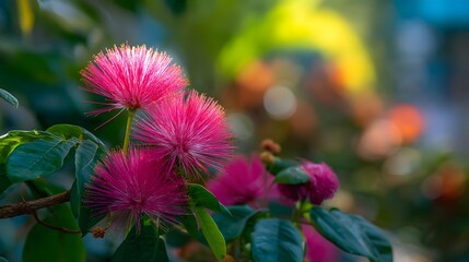 Obraz premium Vibrant Pink Powder Puff Flowers Blooming in Lush Greenery.