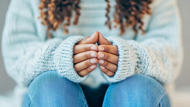Woman with curly hair warming cold hands inside chunky knit sweater sleeve over denim garment